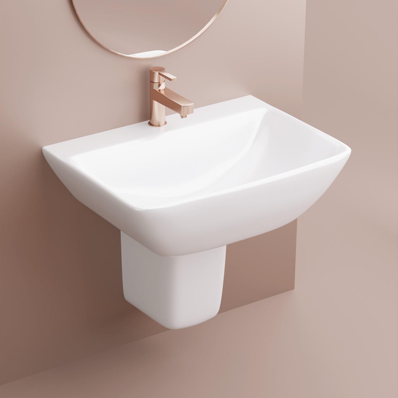 China Home Sanitary Ware Washroom Half Pedestal Bathroom Sink White Ceramic Wall Hung Basin