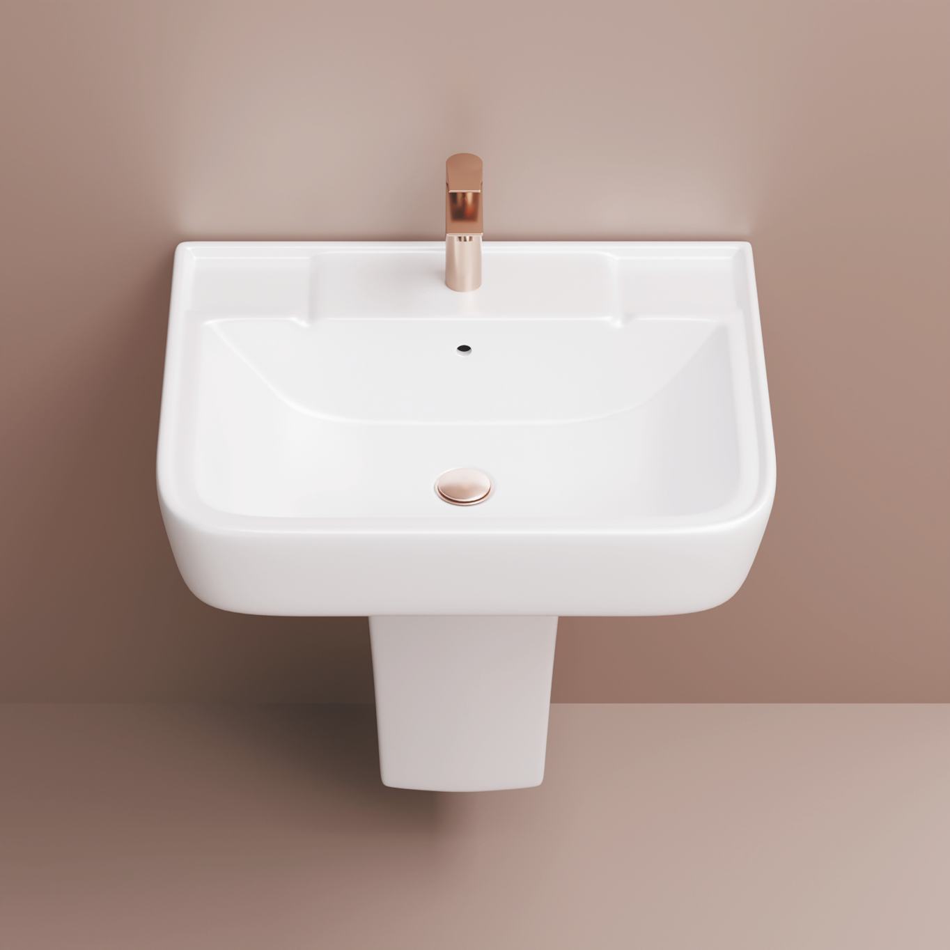 White Glossy Ceramic Wide Flange Semi Pedestal Basin, Half Freestanding Wall Hung Sink for Bathroom